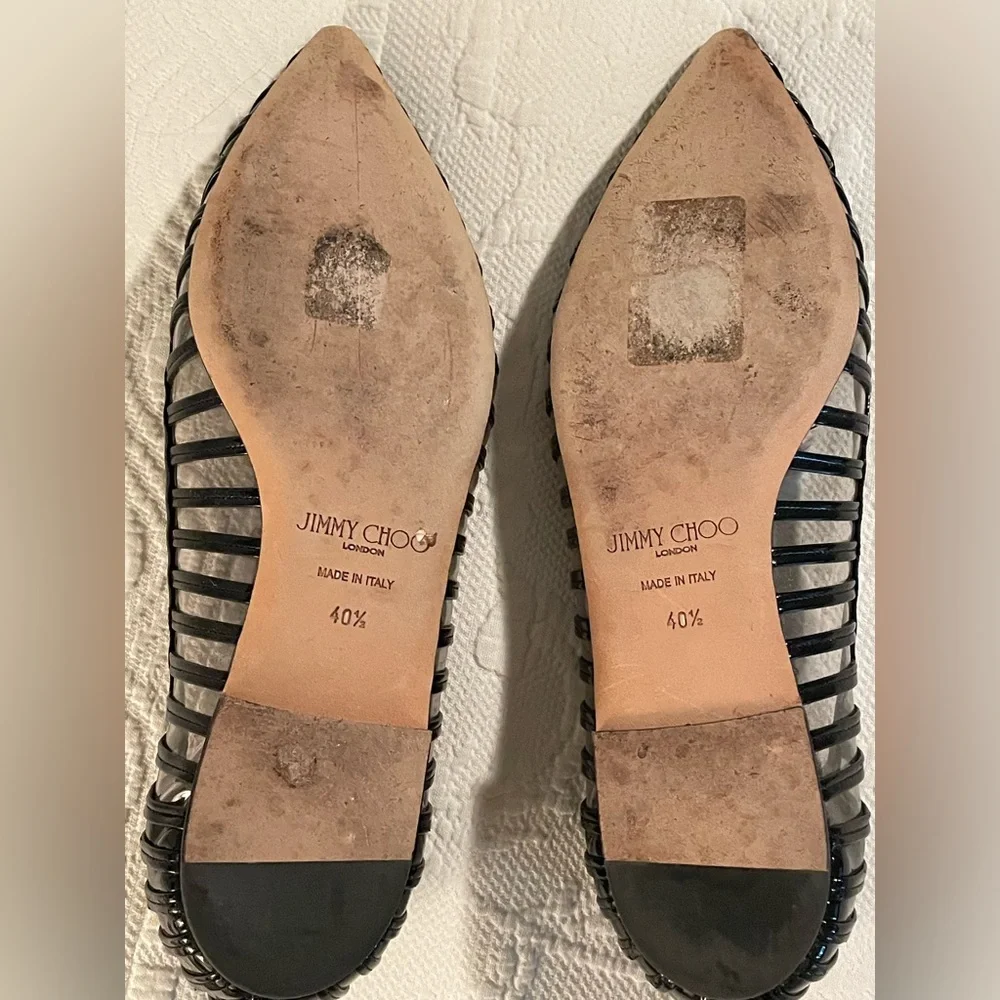 Jimmy Choo Black Patent Caged Pointed Toe Flats